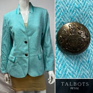 Talbots 16P Petites Blue Herringbone Tweed Wool Blend Blazer Jacket